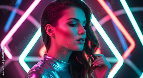 Woman with dark hair posing in front of neon lights wearing a shiny silver metallic top looking off to side