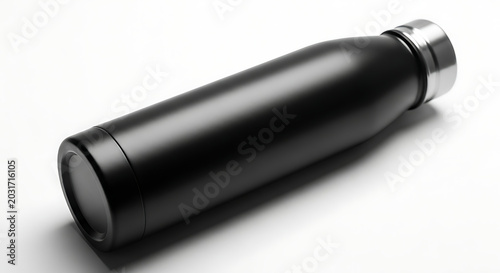 Close up shot of a sleek black thermos bottle with a silver cap lying on a white surface studio shot