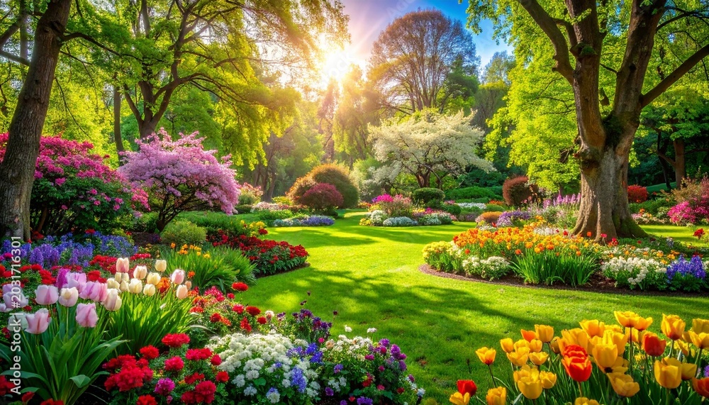 Fototapeta premium A vibrant spring landscape featuring a lush green garden filled with colorful tulips and blooming trees under a warm bright morning sun light.