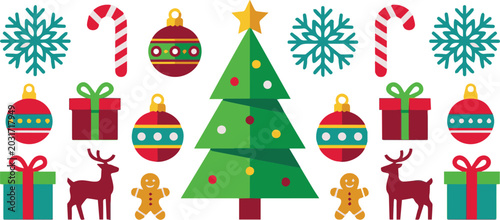 A festive Christmas scene with a decorated tree, gifts, and holiday treats on display indoors.