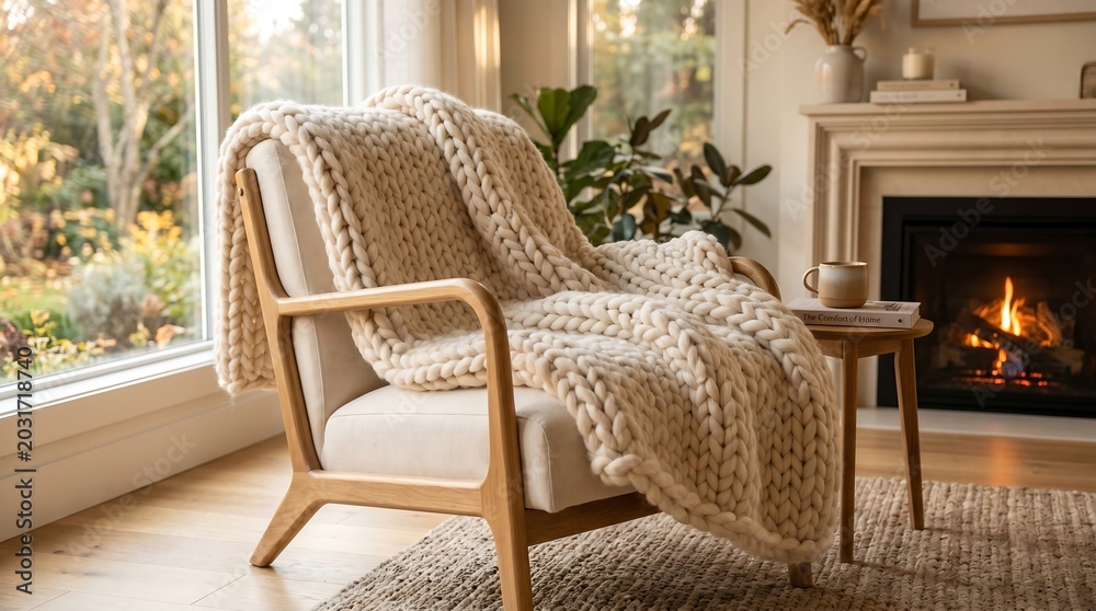Fototapeta premium A warm and inviting living room scene featuring a modern wooden armchair draped with a cozy cream-colored chunky knit blanket, set next to a glowing fireplace and a bright window view