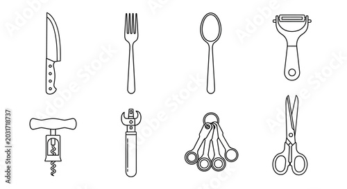 Billede på lærred Minimalist line art vector set of essential kitchen utensils, including cutlery,