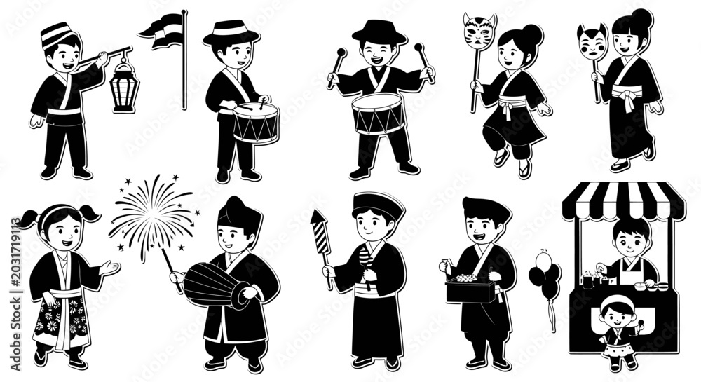 Obraz premium Japanese Festival Culture Black White Line Art: Characters, Traditions Street Food Illustration Set