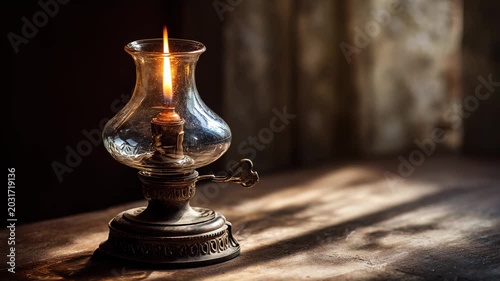 Vintage oil lamp flame glass lantern warm ambient light rustic wooden table interior
