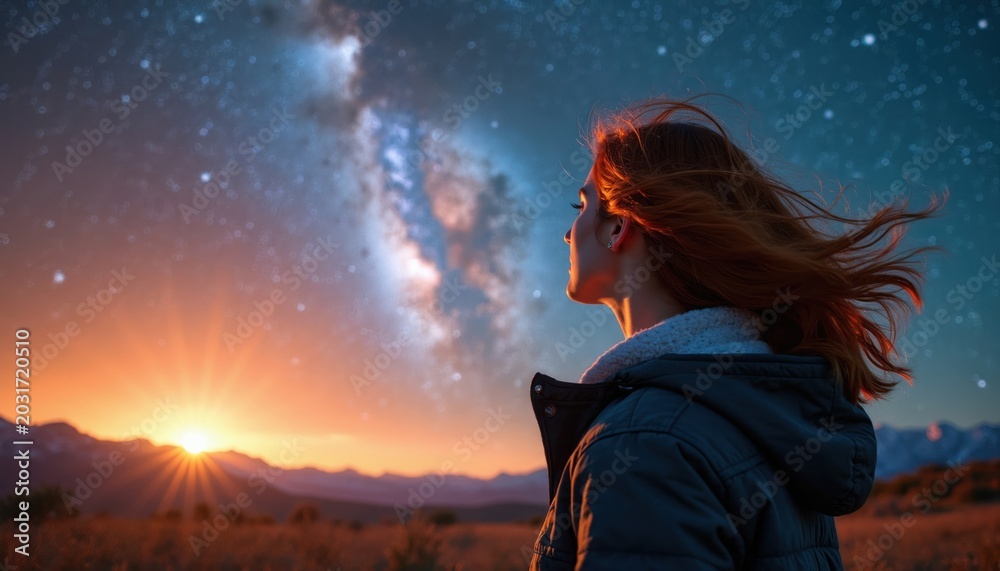Fototapeta premium Woman gazes at starry night sky and sunset over mountains. Person contemplates universe, galaxy, and cosmic wonders. Amazing view inspires imagination and future.