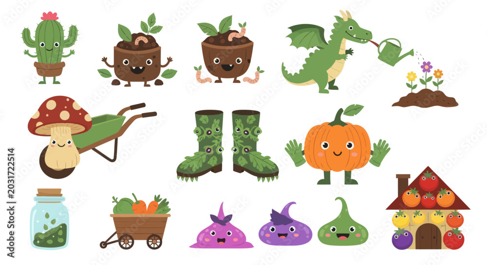 Fototapeta premium Cute Flat Cartoon Vector Gardening and Farm Elements for Kids - Plants, Vegetables, and Tools