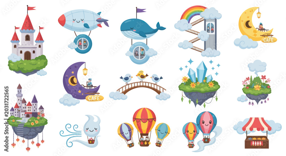 Obraz premium Whimsical flat cartoon vector illustration set of magical floating islands, castles, hot air balloons, and fantasy elements