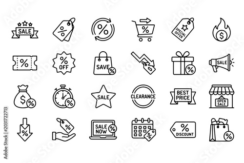 Obraz na płótnie Black line sale icons set, 24 retail discount and promotion outline symbols, sho
