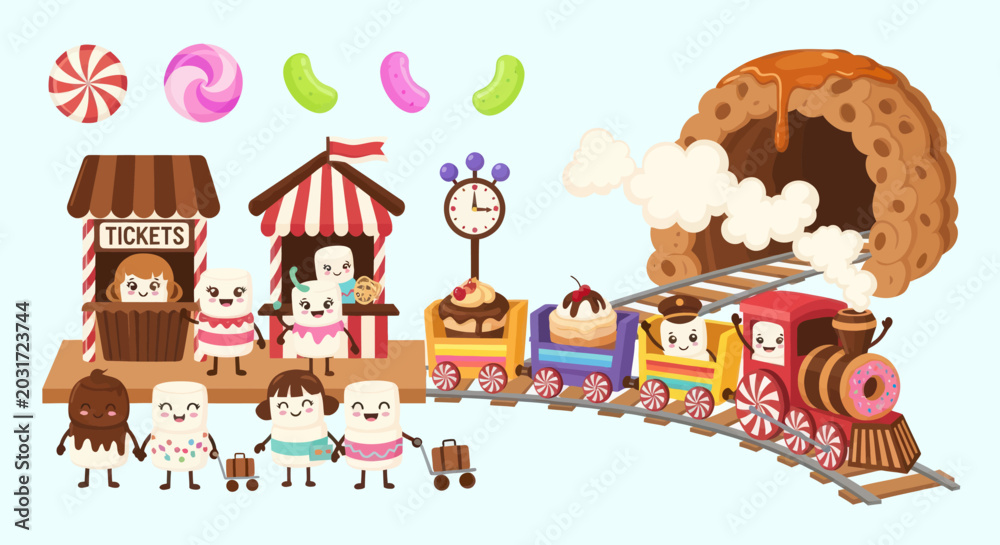 Naklejka premium Sweet Food Dessert Train Amusement Park Flat Cartoon Illustration with Candy Characters