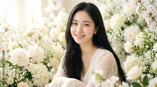 Radiant asian woman with long dark hair surrounded by white floral arrangement