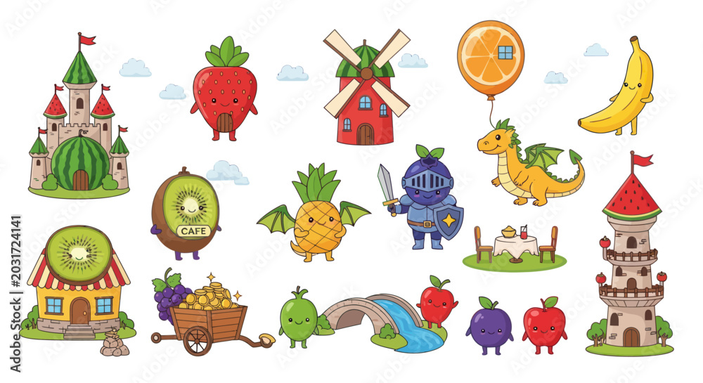 Fototapeta premium Cute Cartoon Fruit Characters and Whimsical Fantasy Structures Vector Illustration Set for Kids' Food Themes