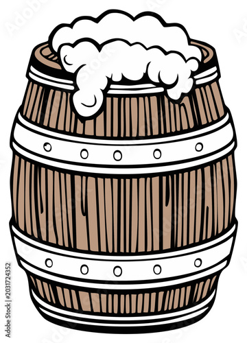 Wooden barrel filled with overflowing frothy foam illustration, cask of beverage, drink, or soap bubbles stylized drawing