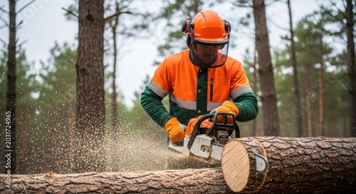 Man in orange safety gear actively cutting a felled tree with a chainsaw in a forest setting