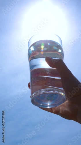 transparent glass glass of water with pure mineral water in hand against the sky with bright glare of the sun