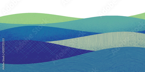 Abstract landscape illustration with blue and green wavy layers and geometric patterns in a minimalist flat style