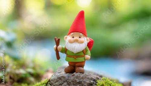 A small garden gnome figurine with a red hat, green outfit, and walking stick stands on a mossy rock in a blurred natural outdoor setting.