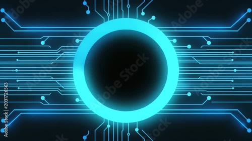 Glowing blue circular frame in the center of a complex circuit board pattern for tech logo and, digital concept