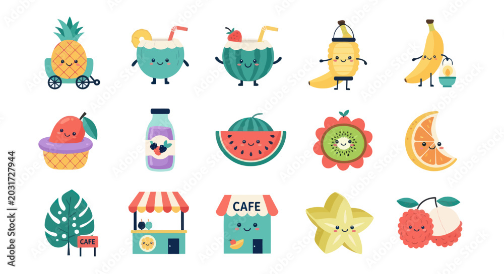 Obraz premium Cute Kawaii Fruit Characters and Food Shop Icons in Flat Style