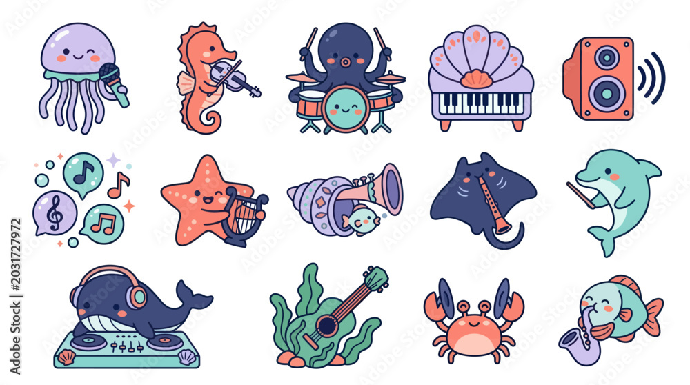 Naklejka premium Cute Cartoon Vector Illustration of Ocean Animals Playing Musical Instruments Set