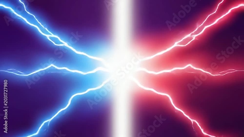 Red and blue lightning bolts clashing in the center with a bright white light for energy and power, battle concept