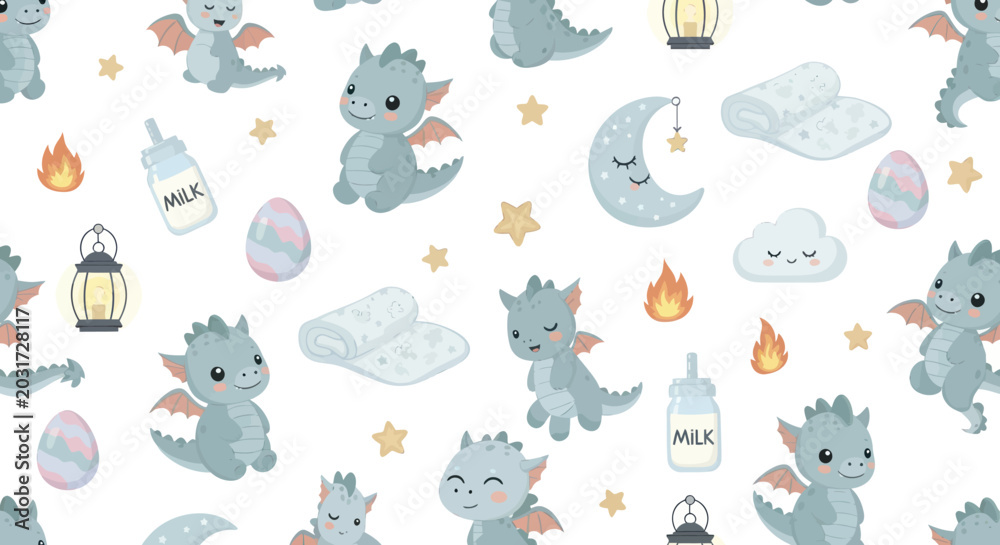 Obraz premium Cute Cartoon Baby Dragons Seamless Pattern for Nursery and Baby Products, Vector Illustration