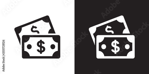 Schilderij op canvas Minimalist Banknote Icon with Dollar Signs in Black and Blue - Modern Two-Tone P