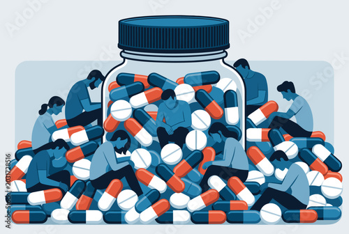 Small figures of people sitting despondently on a large pile of colorful pills both inside and around a medicine jar.