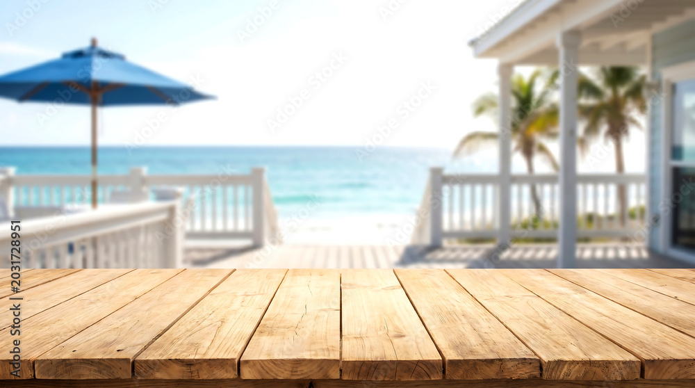 Fototapeta premium Wooden table top surface blurred coastal house porch blue umbrella for summer vacation product mockup display template