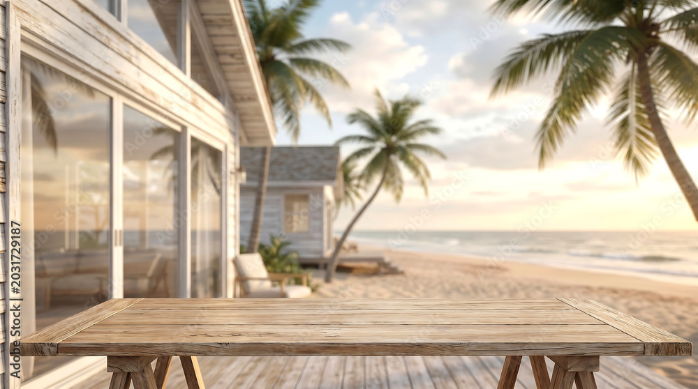 Fototapeta premium Empty Wooden Table Top with Blurred Sunset Beach House Deck for Summer Vacation Product Mockup Display Presentation
