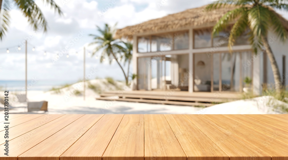 Fototapeta premium Empty Wooden Table Top with Blurred Bamboo Beach Hut for Summer Travel Mockup and Tropical Product Display