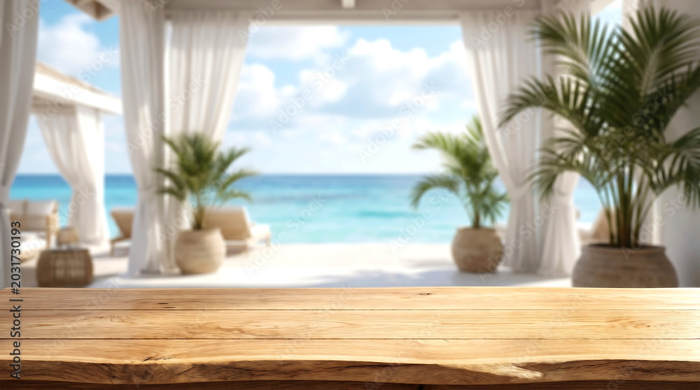 Fototapeta premium Empty Wooden Table Top with Blurred Resort Terrace Curtains for Summer Spa Product Mockup and Travel Display