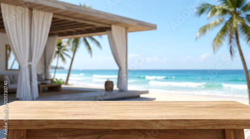 Empty Wooden Table Top with Blurred Beach Gazebo Terrace for Summer Holiday Product Mockup and Resort Display