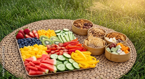 Healthy picnic spread with fresh fruits and vegetables on mat