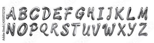 Set of chrome metal uppercase alphabet letters with reflective silver surfaces, rounded beveled forms, two-row arrangement, and separated decorative character shapes on transparent background