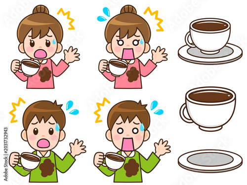 Photos コーヒーを服にこぼして焦る男女のイラスト素材セット