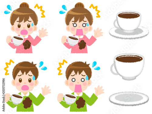 Tableau sur toile コーヒーを服にこぼして焦る男女のイラスト素材セット4