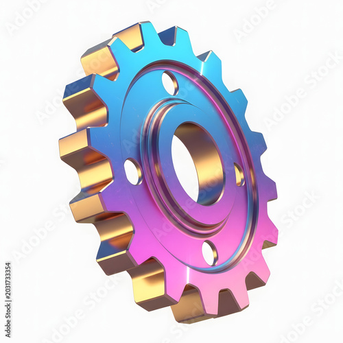 Metal gear wheel with iridescent gradient colors isolated on a plain surface for industrial design concepts
