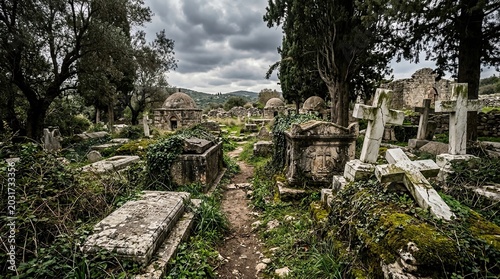 Overgrown ancient christian cemetery with weathered stone tombs crumbling crosses and domed mausoleums under a dramatic cloudy sky evoking a sense of history and solemnity