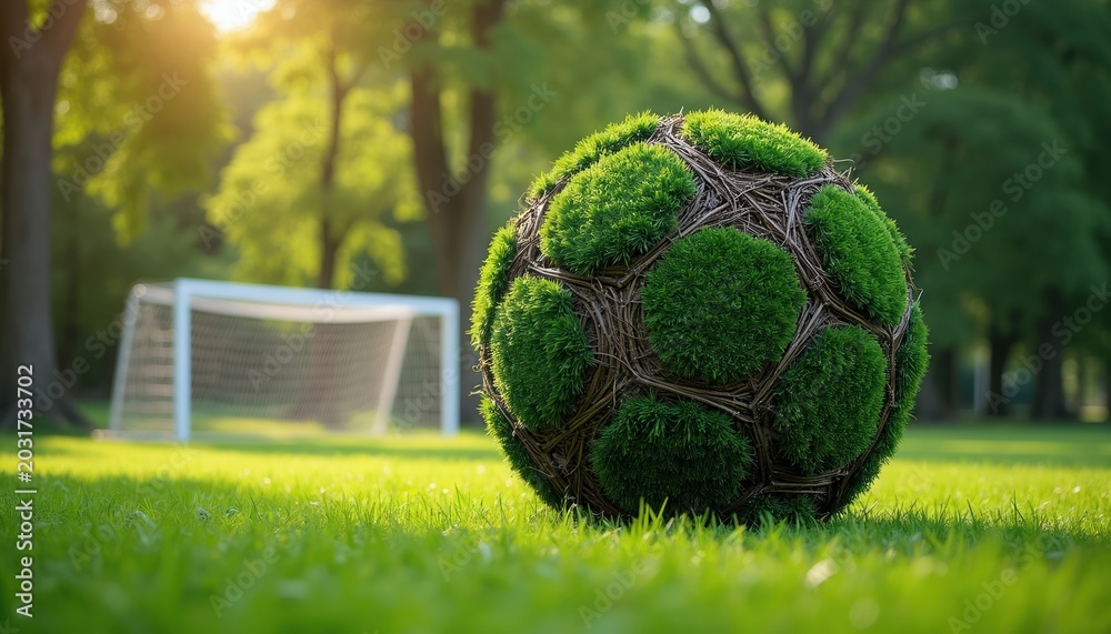Fototapeta premium Soccer ball made from grass and twigs rests on a green field near a goal. Nature inspired sport equipment sits on lawn at park. Green ball used for game.