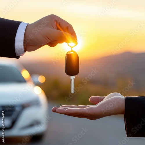 A person hands over car keys to another person with a blurred car and sunset in the background.