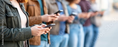 A group of people standing in a row, each focused on their smartphones, highlighting modern digital connectivity and social interaction.