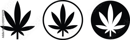 Cannabis marijuana hemp leaf silhouette icons set in black flat styles. Botanical plant symbols for medical cannabis CBD herbal nature concepts vectors illustration isolated on transparent background.