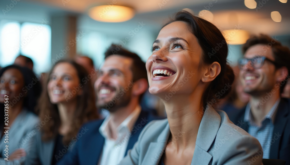 Obraz premium Diverse group watches attentively, smiling. Professionals at a conference enjoy a lively presentation. People engage, learn, and share positive emotions in a corporate meeting setting.