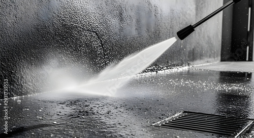 Pressure Washing Wall: A high-pressure water jet cleans a weathered concrete wall, demonstrating the power and effectiveness of pressure washing for exterior cleaning and maintenance.