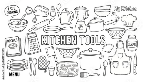 Photos A delightful collection of hand-drawn kitchen tools and accessories, perfect for
