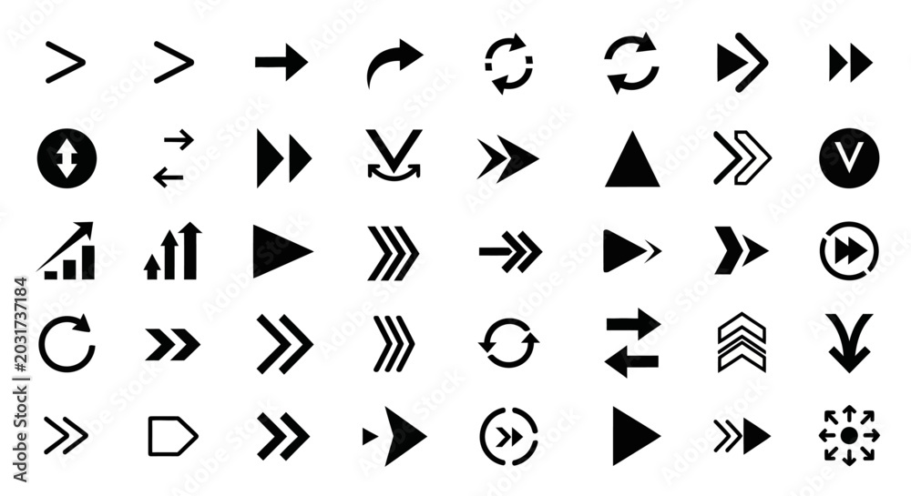 Fototapeta premium Versatile collection of modern black arrow icons, offering diverse directional and action symbols for user interface design, web development, mobile applications, and digital projects.