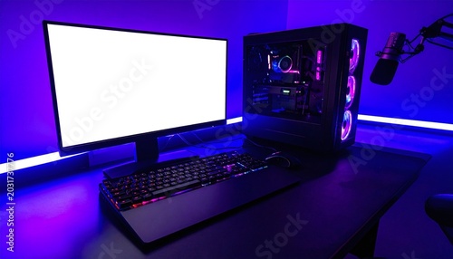 Vibrant neon gaming station featuring a powerful desktop PC, blank monitor for mockup, and professional microphone. Ideal for tech reviews, esports content, and streaming marketing.