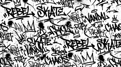 Photos Graffiti street art scene with skate and rebel tags in urban environment