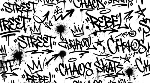 Foto Graffiti street art covers urban wall with chaotic rebel messages and symbols