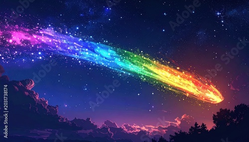 Vibrant Rainbow Comet Streaking Across a Starry Night Sky.